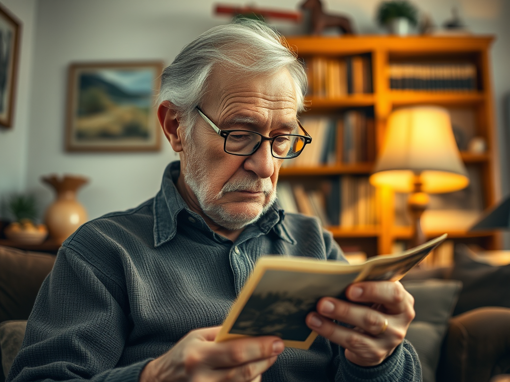 An older man with glasses sits on a couch, reading a photograph, surrounded by books and a warm lamp light.