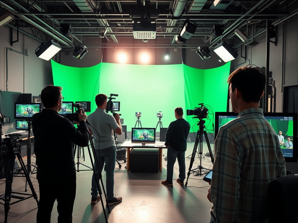 A film crew works in a studio with multiple cameras and monitors, featuring a green screen backdrop.