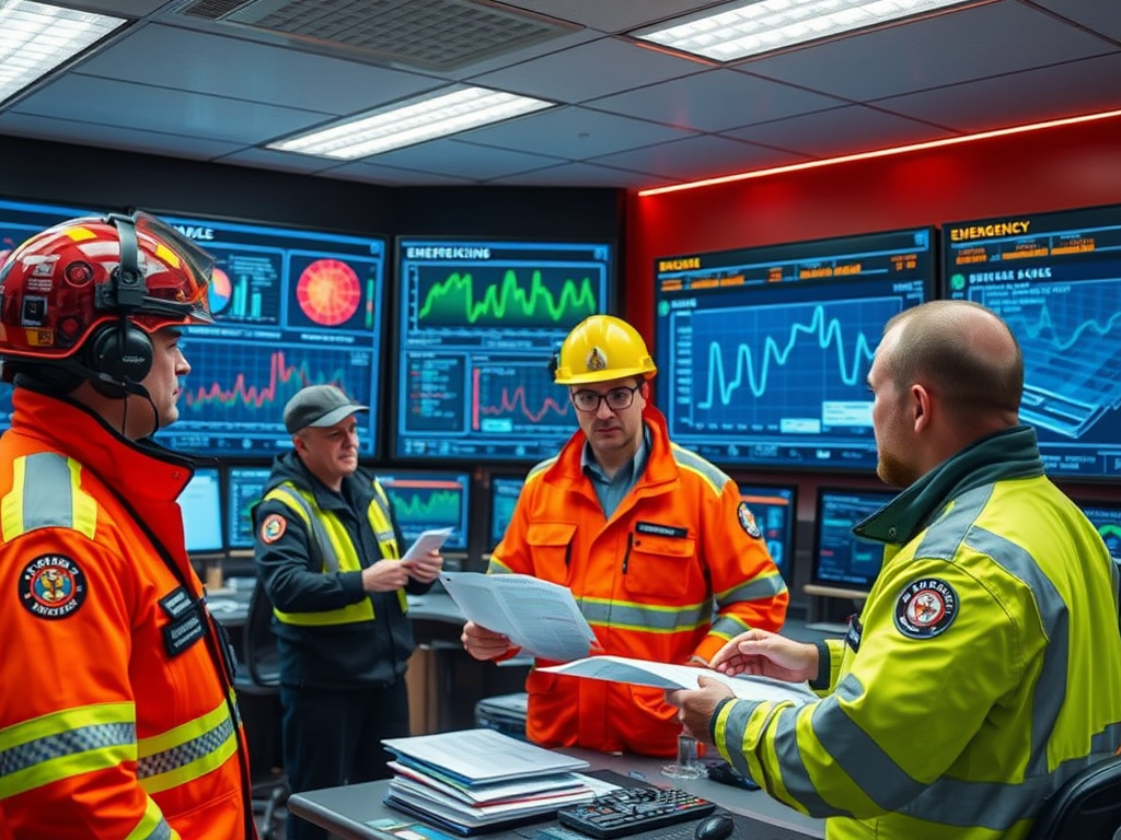 Four emergency responders in bright uniforms discuss plans in a control room filled with screens and data displays.