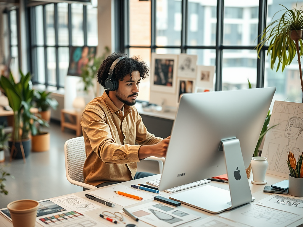 A young man with headphones works intently at a computer in a bright, modern office filled with plants and artwork.