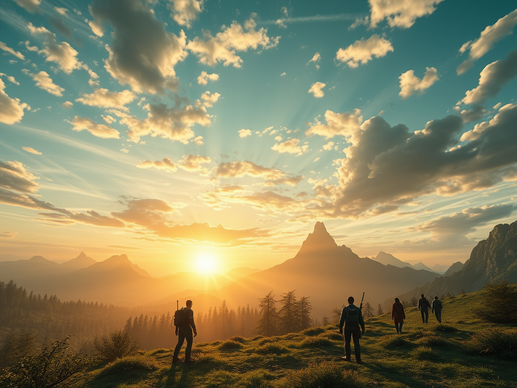 A group of hikers enjoying a sunset over majestic mountains and lush valleys, with vibrant colors in the sky.