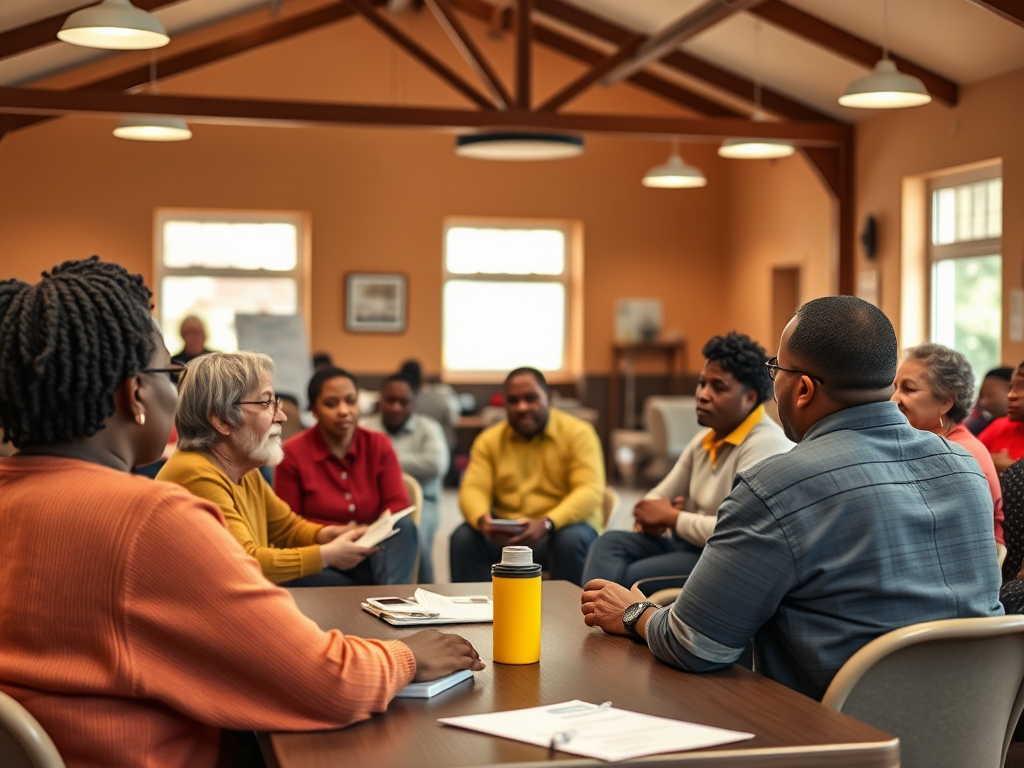 A diverse group of people engages in a discussion around a table in a warm, inviting community space.