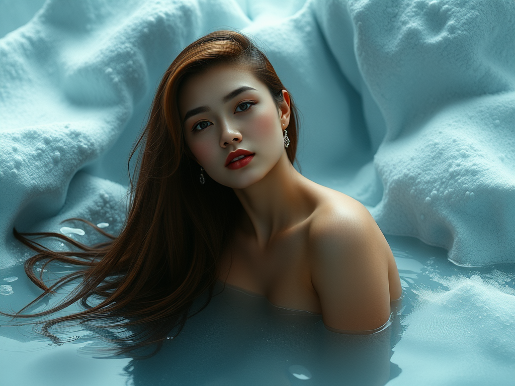 A serene portrait of a young woman with long hair, submerged in light blue water, framed by soft, textured foam.