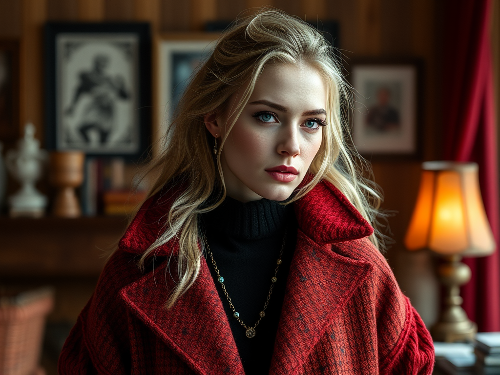 A young woman with long blonde hair, wearing a red coat, poses thoughtfully in a cozy, warmly lit room.